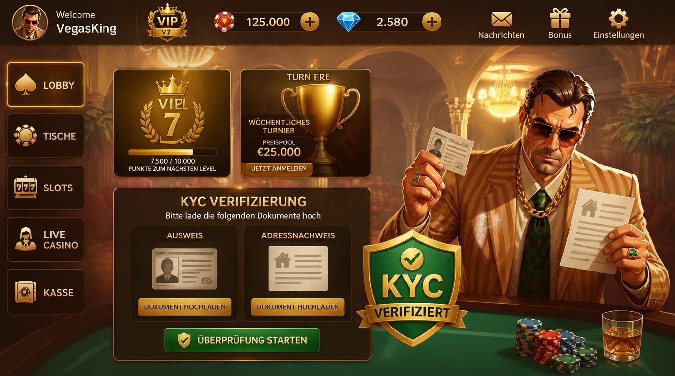Ein Spieler lädt Dokumente hoch für Verifizierung, im Hintergrund Turnier-&, VIP-Symbole