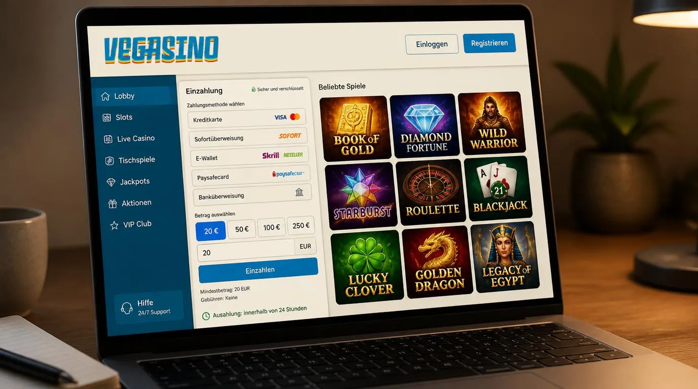 Casino-Oberfläche mit Auszahlungsanzeige, Einzahlung ab 20 EUR und einer Auswahl an Spielen