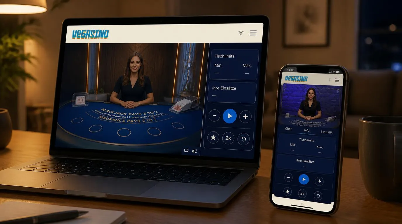 Smartphone mit Live-Casino-Tisch und sichtbaren Einsatzlimits neben einem Laptop