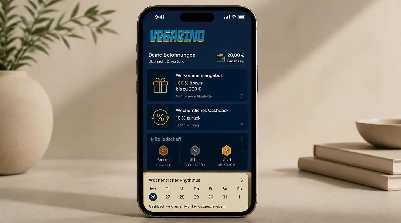 Bonusübersicht auf einem Smartphone mit Willkommensangebot, Cashback und Mitgliedsstufen