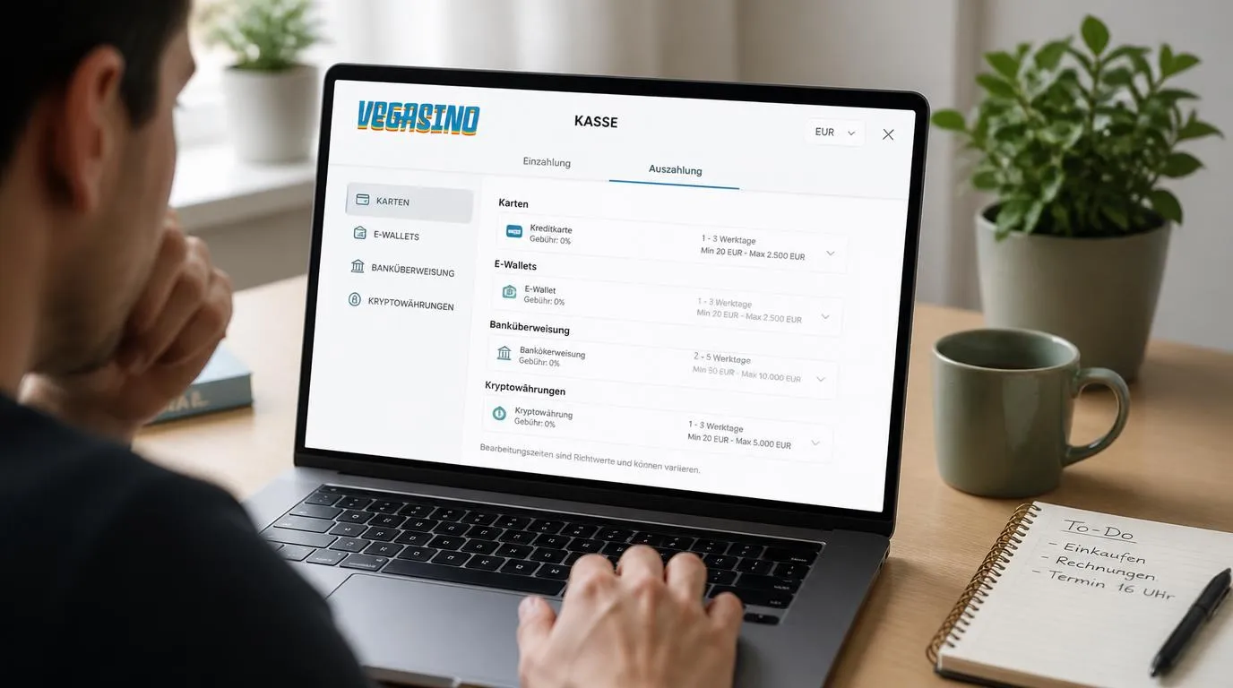 Casino-Kasse auf einem Laptop mit Auswahl für Karte, E-Wallet, Banküberweisung und Kryptowährung
