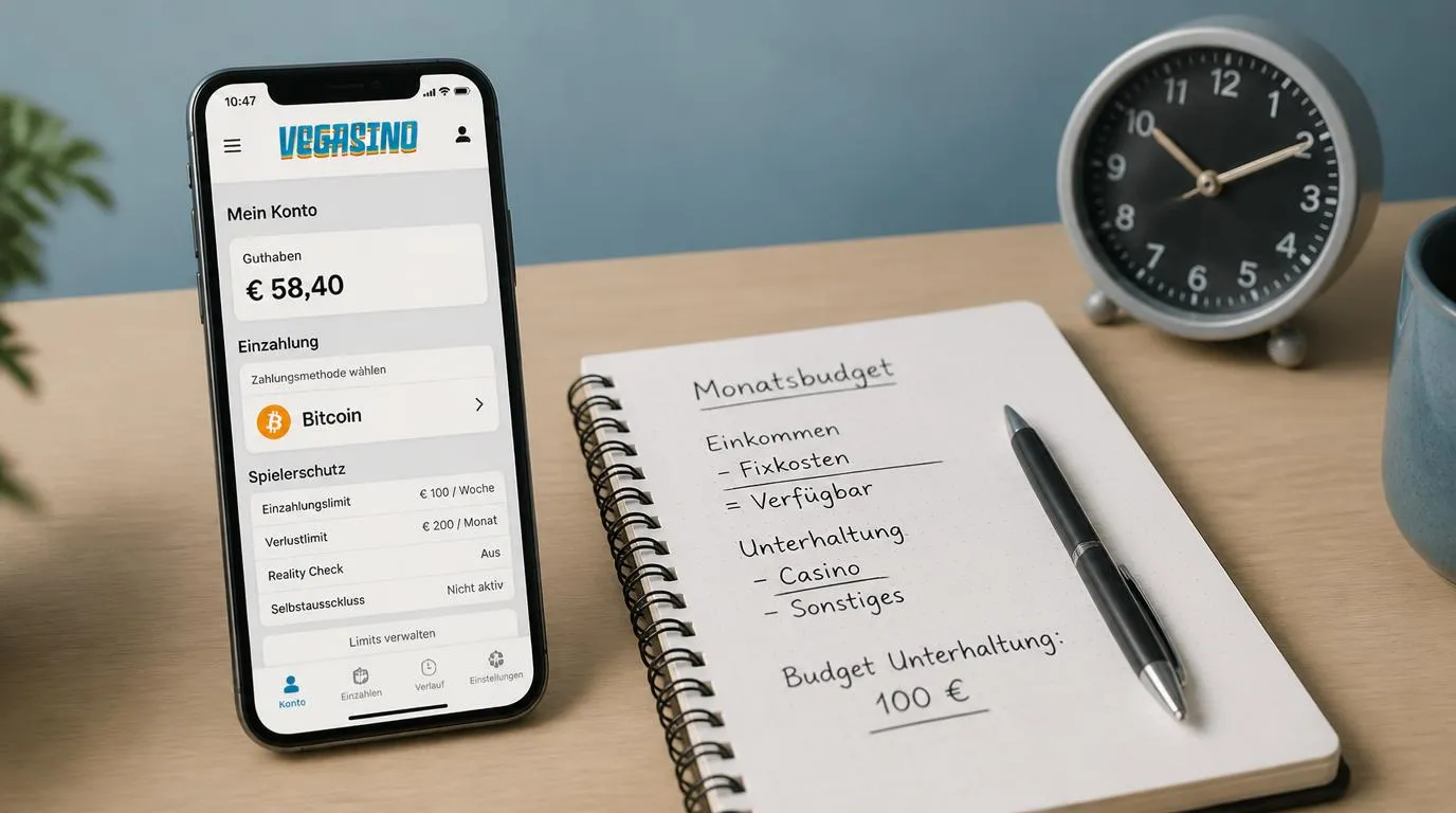 Smartphone mit Casino-Kontostand und Krypto-Zahlung neben einem Notizblock für das Spielbudget