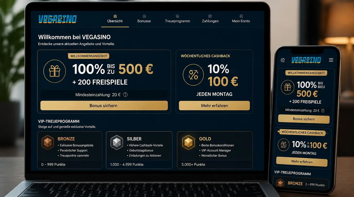 Casino-Bonusübersicht mit Willkommensangebot, Mindesteinzahlung und drei Cashback-Stufen